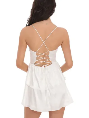 Lucy in the Sky Satin Jaquard Ruffle Mini Dress White Small NWT FLAW thumbnail 2
