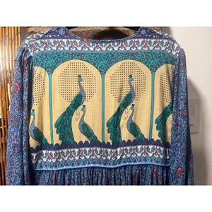 R. Vivimos Blue Peacock Floral Boho Tassel Midi Peasant Dress XL thumbnail 9