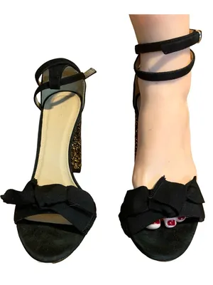 J. Crew Black Suede & Grossgrain Gold & Silver Glitter Block Heel Shoes (8.5) thumbnail 2