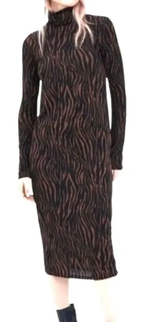 Zara Black Midi Dress Brown Black zebra tiger animal Print turtleneck longsleeve thumbnail 1