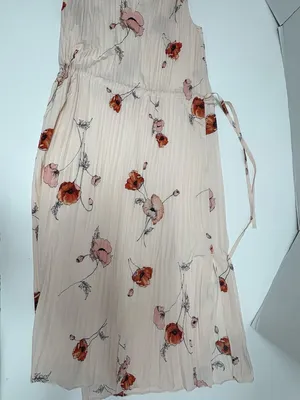 Vince‎ Tossed Poppy Pink V-Neck Pleated Midi Sleeveless Dress - Size S. thumbnail 14