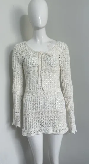 Women's Crochet Cover Up 100% Cotton Beachy Long Sleeve Size M Cottagecore thumbnail 1