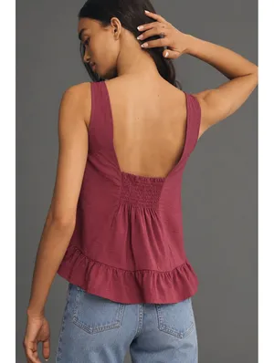 Maeve Anthropologie Smocked Ruffle Hem Swing Tank Top Burgundy Mauve Size M thumbnail 2