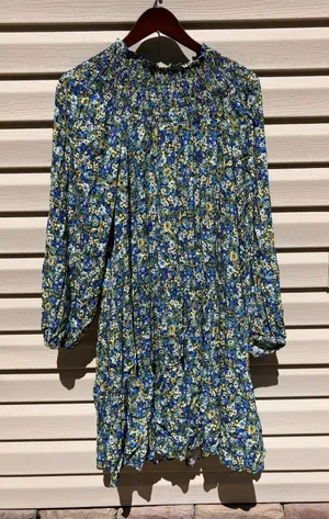 MANGO MNG Tapestry Long‎ Sleeve Mini Dress Floral Flowers Blue Yellow Size 2 thumbnail 1