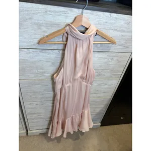 One and Only Collective Pink Satin Halter Mini Dress Ruffle Hem Open Back Size L thumbnail 4