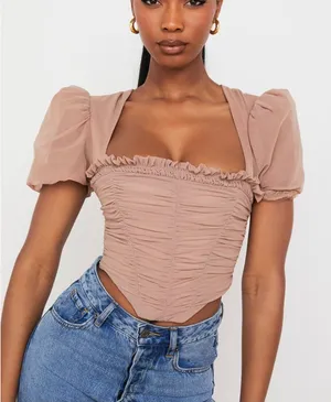 HOUSE OF CB | Norah Light Brown Ruched Puff Sleeve Mesh Corset Top | Medium thumbnail 1