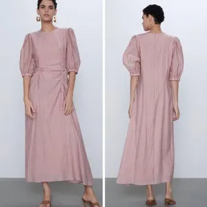 Zara Gathered Waist Puff Sleeve Pink Plaid Midi Dress S Style 4786/056 thumbnail 11