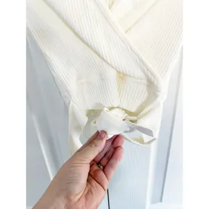 Wilfred Aritzia All Tied Up Short Sleeve Ribbed Cropped White Wrap Sweater thumbnail 6