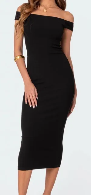 EDIKTED Kyla Off Shoulder Ribbed Midi Dress, Black, Size Small, NWOT thumbnail 1