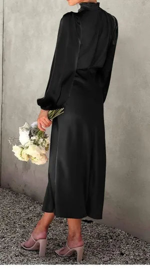 NEW Black Mock Neck Satin Maxi Dress Elegant Long Sleeve M thumbnail 5