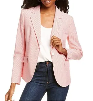 Talbots Size 8 Seersucker Blazer Jacket Coral White 2 Button Notched Collar thumbnail 1