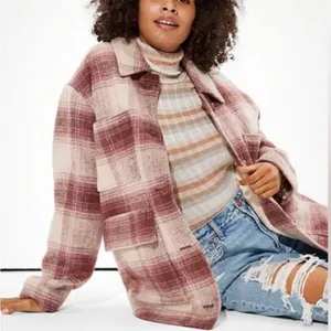 American Eagle Plaid Sherpa Lined Shacket Jacket L Burgundy Cream Button Front thumbnail 1