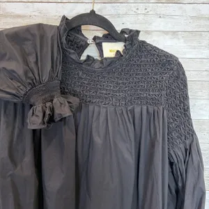 Anthropologie Maeve Womens 0 Top Smocked Peasant Blouse Black Puff Sleeve Cotton thumbnail 1