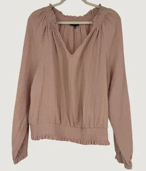 1.STATE Womens XXL Mauve‎ Pink Cotton Gauze Smocked Hem Long Sleeve Blouse thumbnail 1