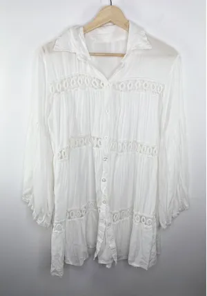 White Cotton Button Front‎ Tunic Boho Lace Eyelet Dress One Size Long Sleeve OS thumbnail 1