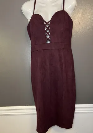 Windsor Dress Womens Large Red Suede Bodycon Midi Spaghetti Strap Sweetheart thumbnail 2
