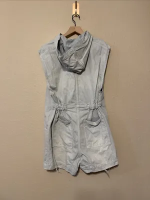 Free People We The Free Light Blue Denim Zip Short Romper with Hood Size Small thumbnail 5