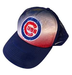 Nike Chicago Cubs Sequin Trucker Hat Blue Red White Bling thumbnail 1