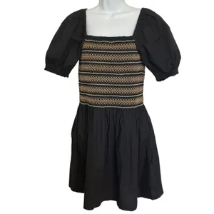 MADEWELL Black Smocked Embroidered Puff‎ Sleeve Poplin Mini Dress NWT Size Large thumbnail 2