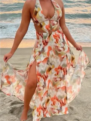 SHEIN Halter Ring-Cut Maxi Dress in Orange & Cream Swirl thumbnail 1