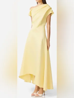 NEW Elliatt Marissa One-Shoulder Asymmetric Hem Duchess Satin Yellow Gown Sz M thumbnail 3