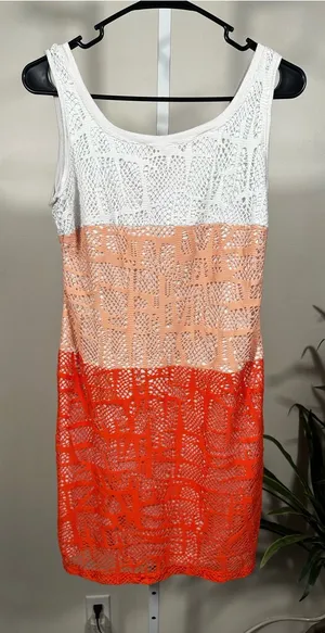 X288. ECI Crochet Colorblock Tank Dress in White, Peach & Orange thumbnail 1