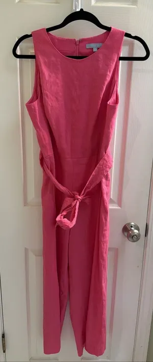 Antonio‎ Melani Linen Jumpsuit Romper Sz 6 Pink Cropped Pockets Belted Wide Leg thumbnail 1