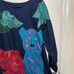 Alfredo's Wife Vintage Denim Tunic‎ Shirt Sz Small Colorful Leopards Folk Art thumbnail 2