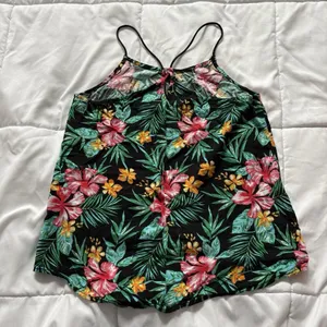 Womens Size Medium Black Green Tank‎ Top Blouse Hawaiian Summer Beach Floral thumbnail 6