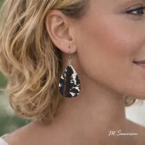 Cow Print Faux Leather Teardrop Earrings Black White NWT thumbnail 1