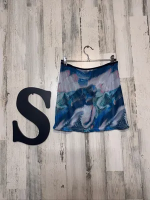 SheIn Abstract Graphic Mesh Mini Skirt Womens Size Small Sheer Blue Pink Cover Up thumbnail 7