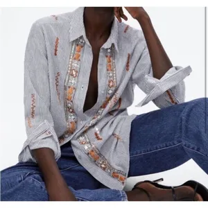 NWT Zara Collection Button down Shirt S Striped Embroidered Embellished cotton thumbnail 14