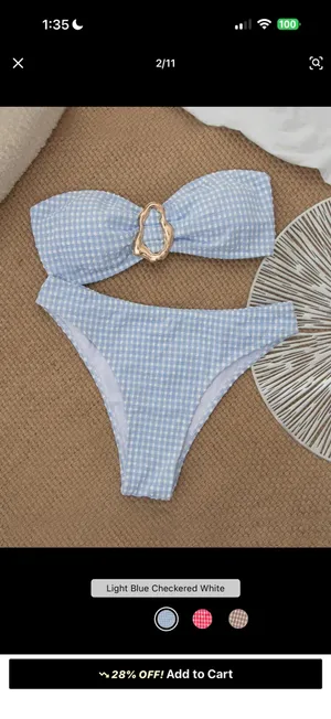 SheIn Women's Plaid Strapless Wireless Bandeau Bikini Set thumbnail 2