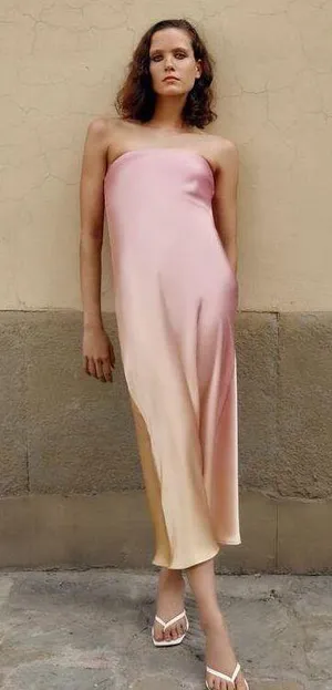 Zara midi dress maxi tie die pink beige satin strapless wedding shower date thumbnail 4