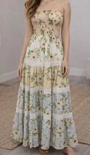 Kiwi + Punch Miami Floral Smocked Tiered Strapless Maxi Dress‎ L thumbnail 1