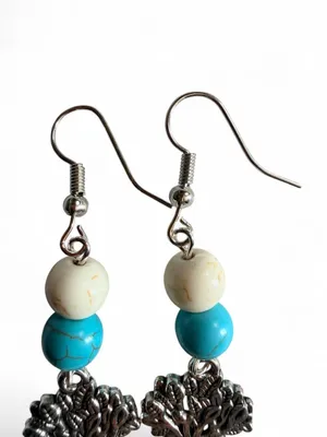 Handmade Tree of Life Dangle Earrings - White & Turquoise Bead thumbnail 5
