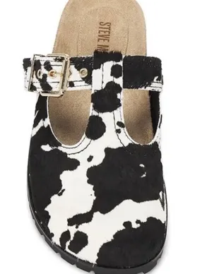 Steve Madden 'Atticus' Black & White Cow Print Calf Hair T-Strap Buckle Clogs thumbnail 2