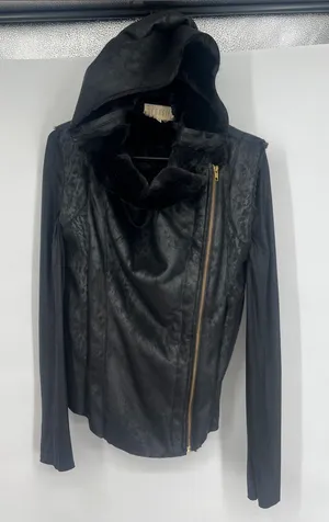 GEORGIE" black soft faux-fur metallic faux fur jacket hoodie Moto jacket thumbnail 1