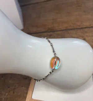 Iridescent Beaded Sterling Silver Bracelet With Oval Glass Accent & Lobster Clas thumbnail 1