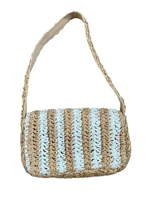 Anthropologie Woven Straw Striped Shoulder Bag Coastal White Tan Small thumbnail 2