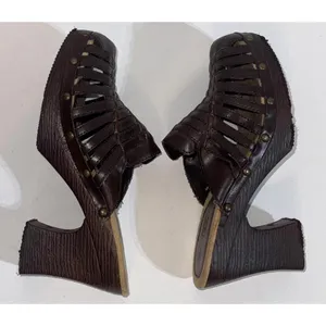 Route 66 Y2K 2000s‎ Platform Chunky Brown Faux Leather Strappy Heel Mules Clogs thumbnail 2