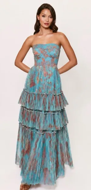 Hutch Isabella Gown Sz 2 NWT Romantic Vining Painted Floral Tulle Blue/Copper thumbnail 1