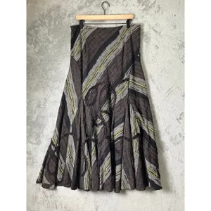 Vintage Y2K Brown Olive Striped Patchwork Maxi Skirt Asymmetrical Boho Artsy thumbnail 3
