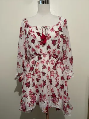 Free People White floral babydoll ruffle dress with Pink Floral Neckline thumbnail 2