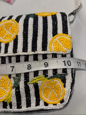 Black And White Stripe Beaded Bag With Lemon Design Double Snap Closure Nwts thumbnail 9