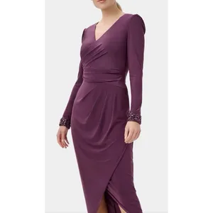 Adrianna Papell Women's Eggplant Jersey Wrap Midi Dress Long-Sleeve Size 10 thumbnail 3