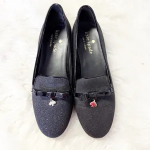 Kate Spade New York Black Glitter Loafers Flats Bow Charm Size 5.5B thumbnail 3