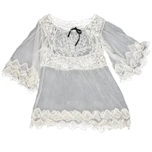 White Sheer Lace Tunic Womens M Mesh Crochet Bell Sleeve Fairycore thumbnail 8
