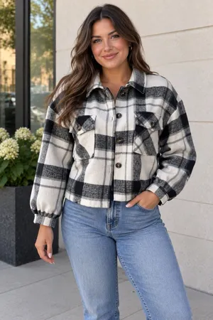 Akira Women's Black White Plaid Wool Blend Short Jacket Size L NWOT thumbnail 1