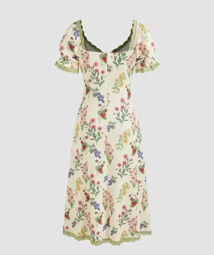 Cider SQUARE NECK STRAWBERRY GRAPHIC CONTRASTING LACE TRIM MIDI DRESS thumbnail 4